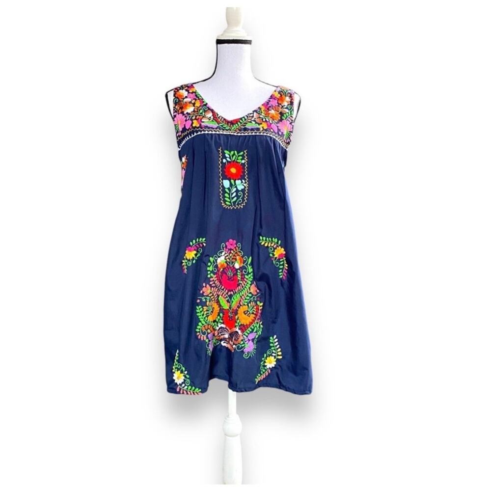 Erica Maree Hand Embroidered Mini Dress Fits Sz S Sleeveless Navy Blue Colorful